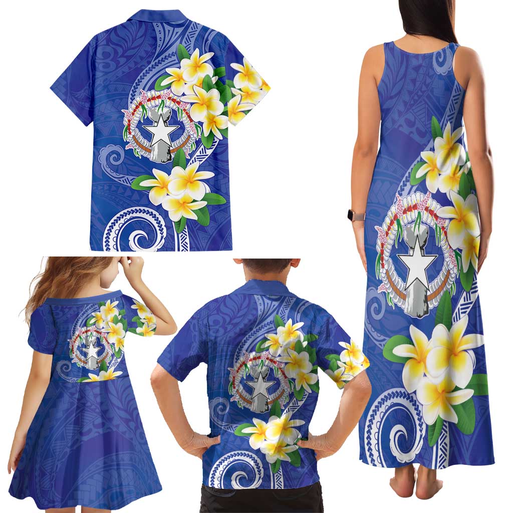 Northern Mariana Islands Chamorro Family Matching Tank Maxi Dress and Hawaiian Shirt Plumeria Curves Style Navy Version
