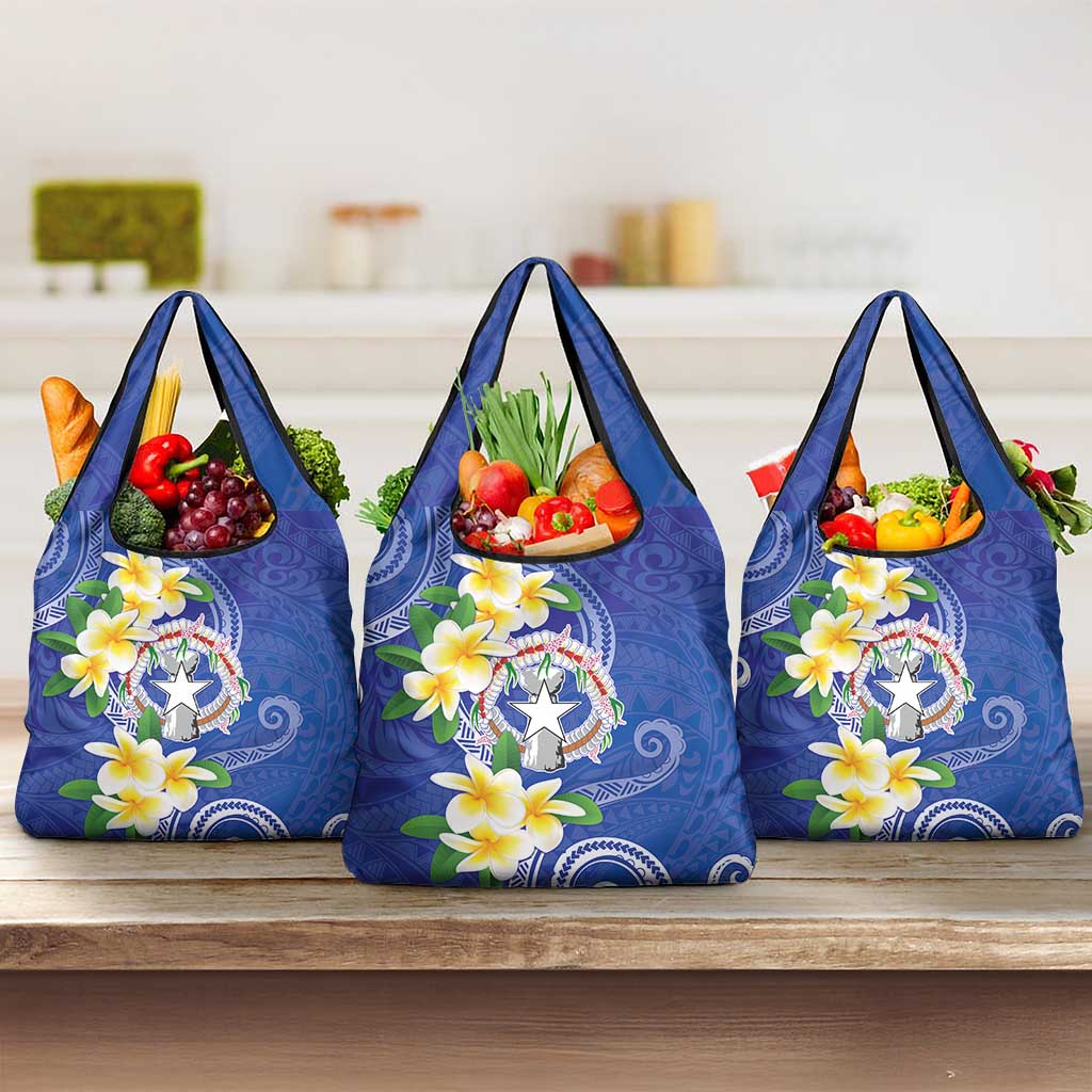 Northern Mariana Islands Chamorro Grocery Bag Plumeria Curves Style Navy Version
