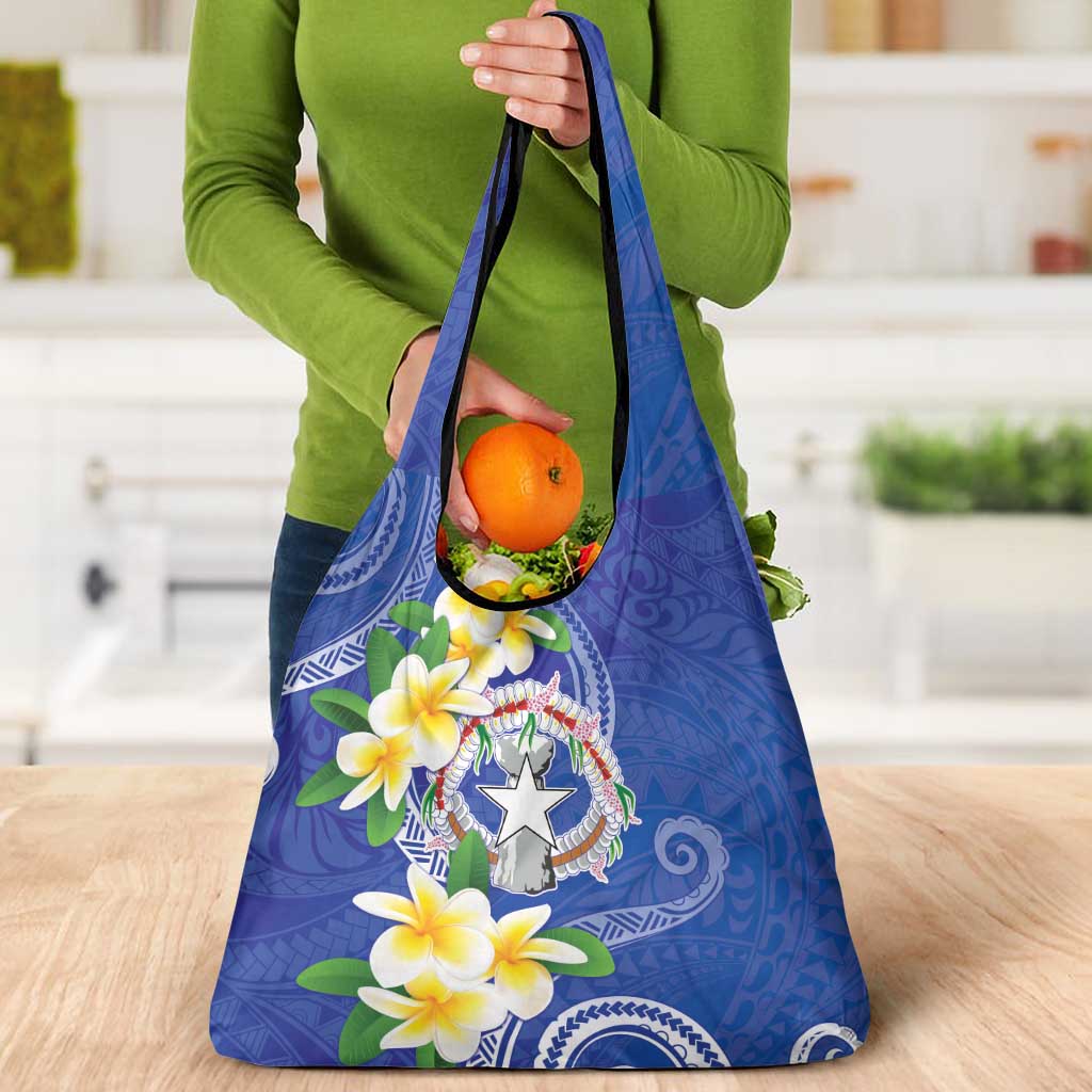Northern Mariana Islands Chamorro Grocery Bag Plumeria Curves Style Navy Version
