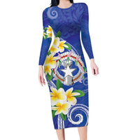 Northern Mariana Islands Chamorro Long Sleeve Bodycon Dress Plumeria Curves Style Navy Version LT05 Long Dress Navy - Polynesian Pride