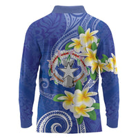 Northern Mariana Islands Chamorro Long Sleeve Polo Shirt Plumeria Curves Style Navy Version LT05 - Polynesian Pride