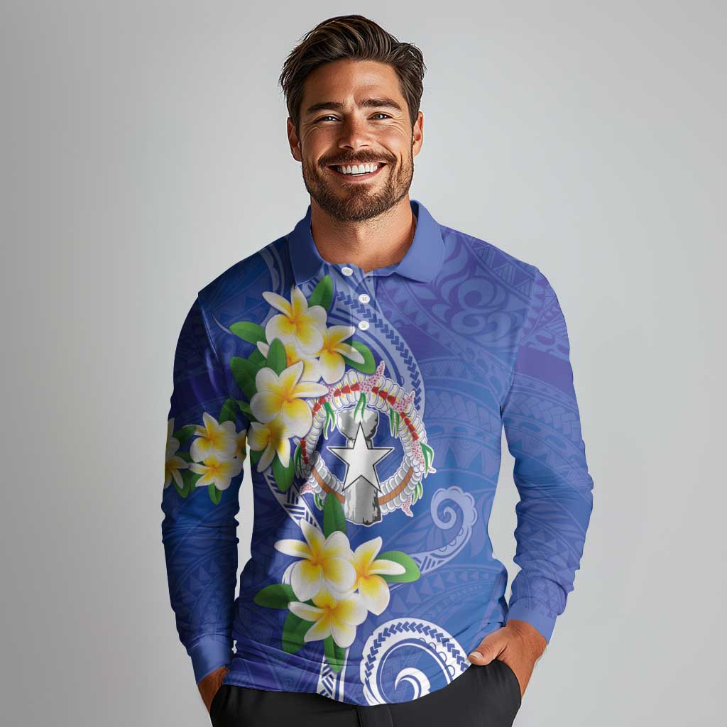 Northern Mariana Islands Chamorro Long Sleeve Polo Shirt Plumeria Curves Style Navy Version LT05 - Polynesian Pride
