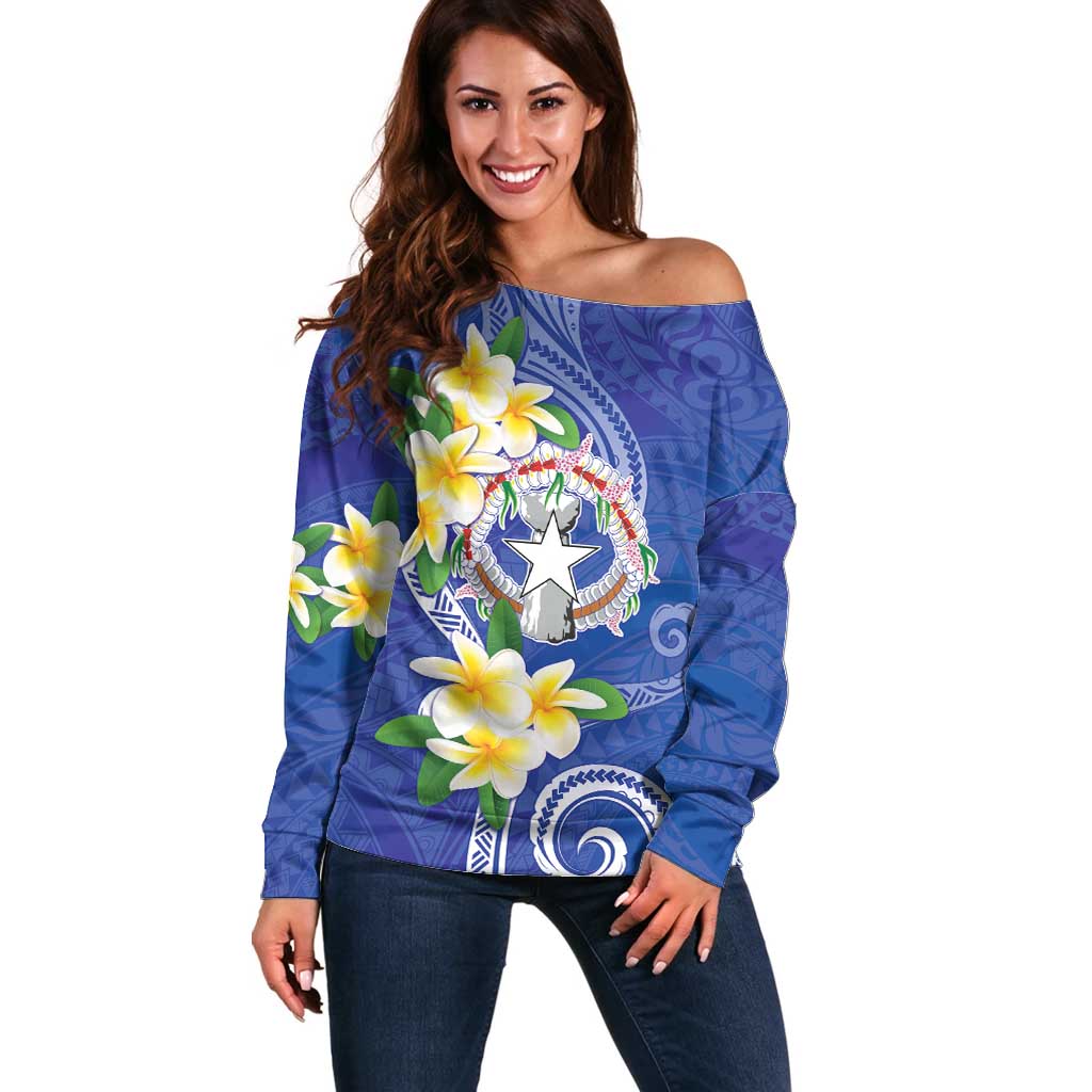Northern Mariana Islands Chamorro Off Shoulder Sweater Plumeria Curves Style Navy Version LT05 Women Navy - Polynesian Pride