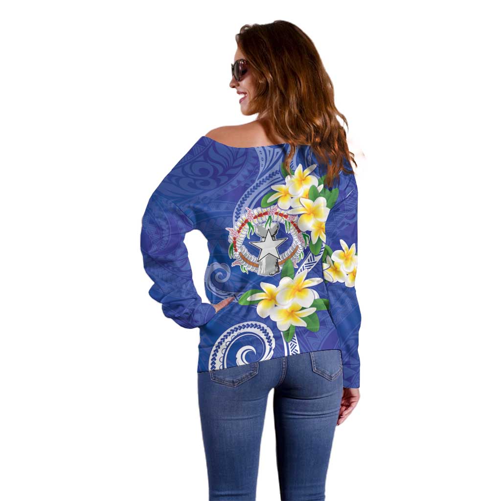 Northern Mariana Islands Chamorro Off Shoulder Sweater Plumeria Curves Style Navy Version LT05 - Polynesian Pride