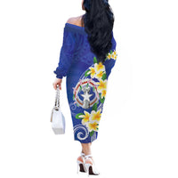 Northern Mariana Islands Chamorro Off The Shoulder Long Sleeve Dress Plumeria Curves Style Navy Version