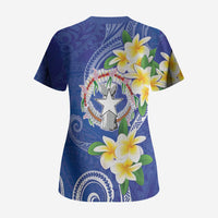 Northern Mariana Islands Chamorro Scrub Top Plumeria Curves Style Navy Version LT05 - Polynesian Pride