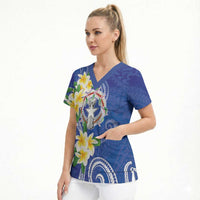 Northern Mariana Islands Chamorro Scrub Top Plumeria Curves Style Navy Version LT05 - Polynesian Pride