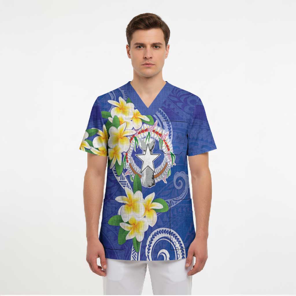 Northern Mariana Islands Chamorro Scrub Top Plumeria Curves Style Navy Version LT05 - Polynesian Pride