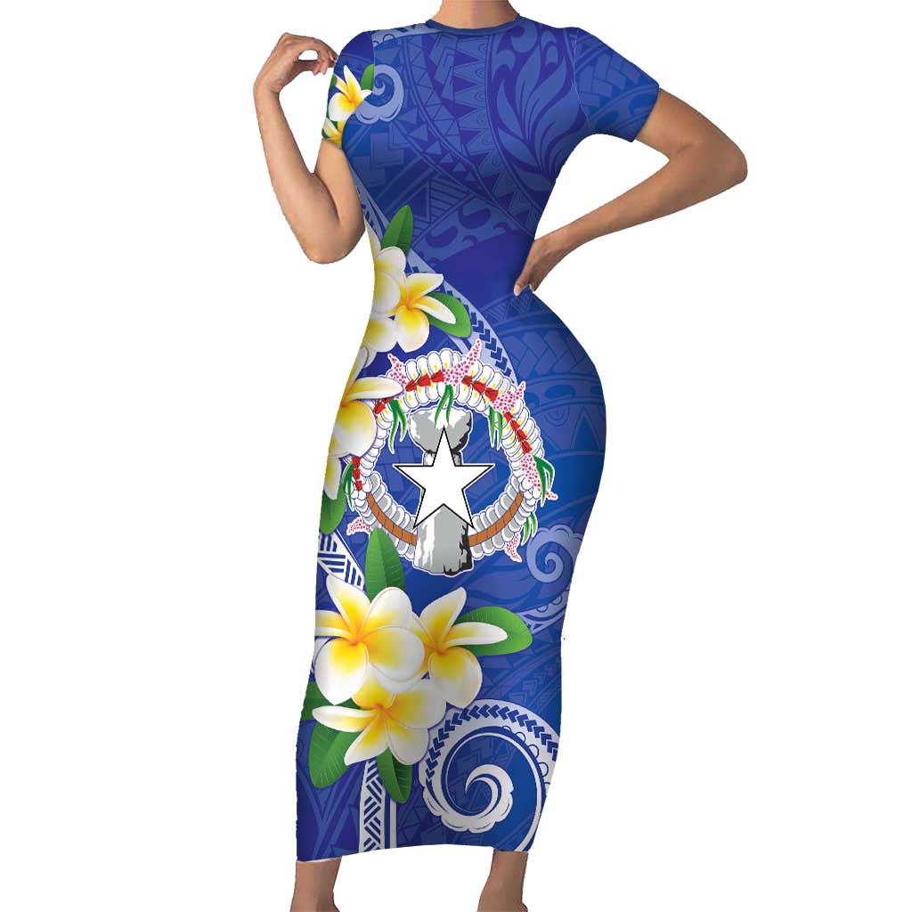 Northern Mariana Islands Chamorro Short Sleeve Bodycon Dress Plumeria Curves Style Navy Version