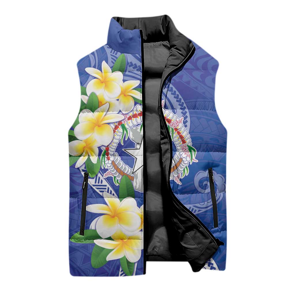 Northern Mariana Islands Chamorro Sleeveless Puffer Jacket Plumeria Curves Style Navy Version LT05 - Polynesian Pride