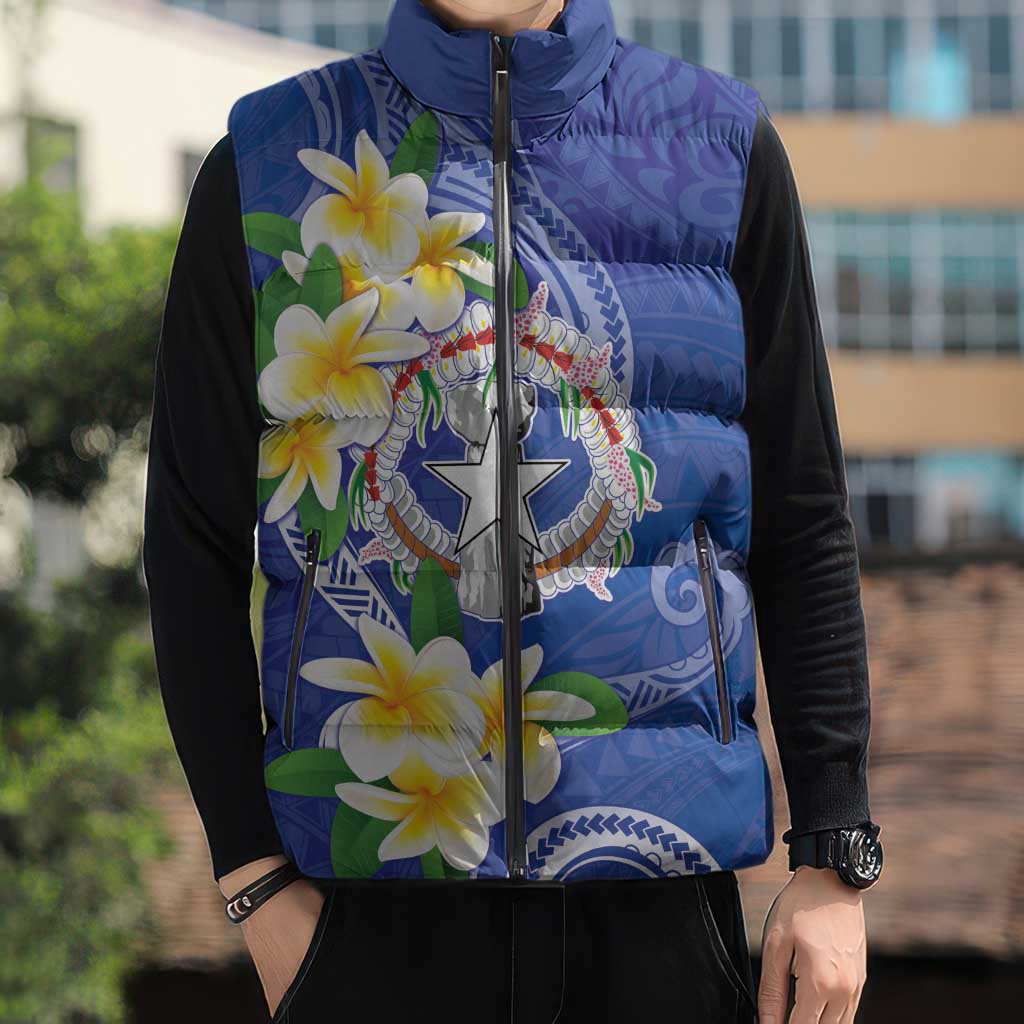 Northern Mariana Islands Chamorro Sleeveless Puffer Jacket Plumeria Curves Style Navy Version LT05 - Polynesian Pride