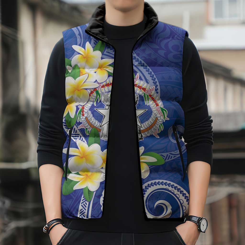 Northern Mariana Islands Chamorro Sleeveless Puffer Jacket Plumeria Curves Style Navy Version LT05 - Polynesian Pride