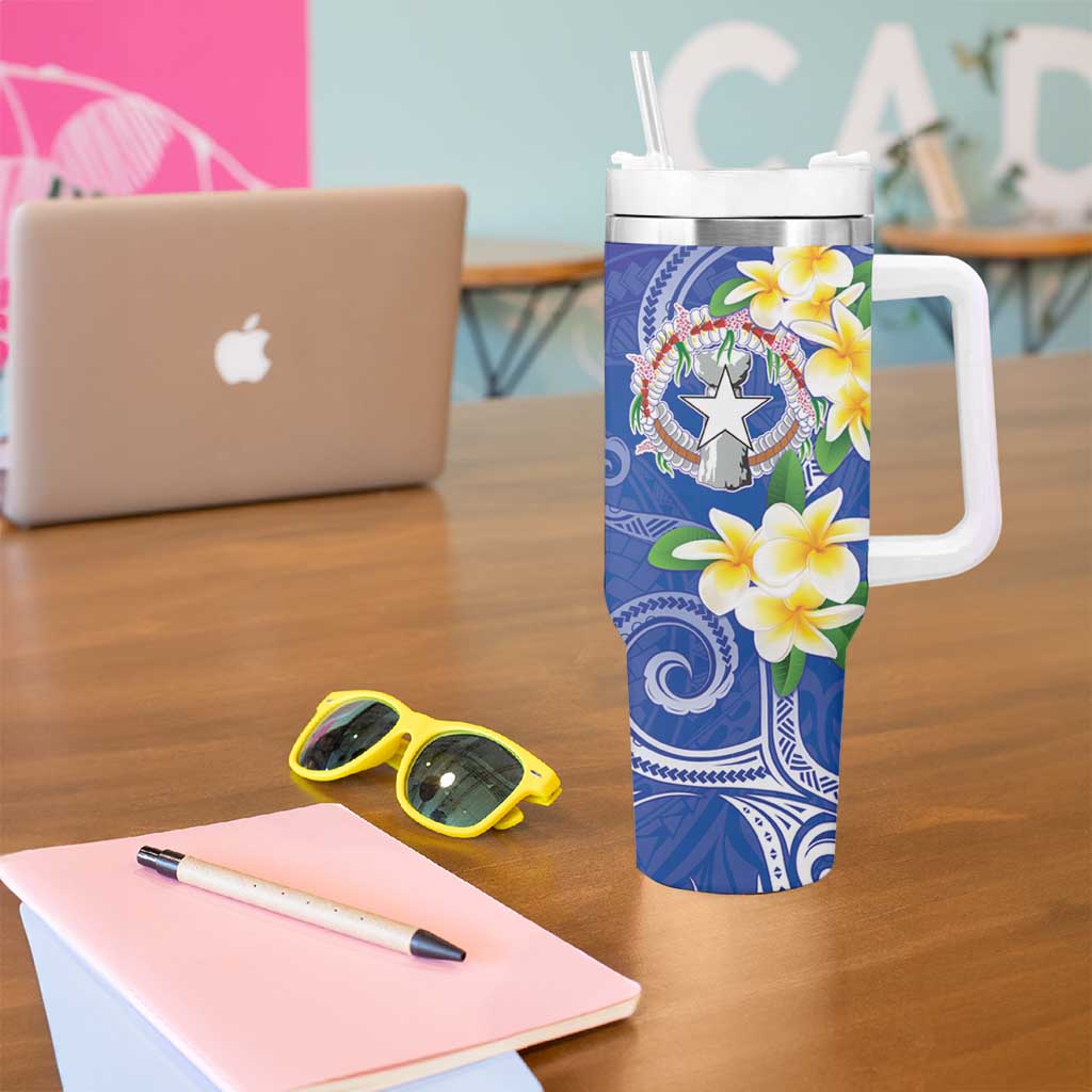 Northern Mariana Islands Chamorro Tumbler With Handle Plumeria Curves Style Navy Version LT05 - Polynesian Pride