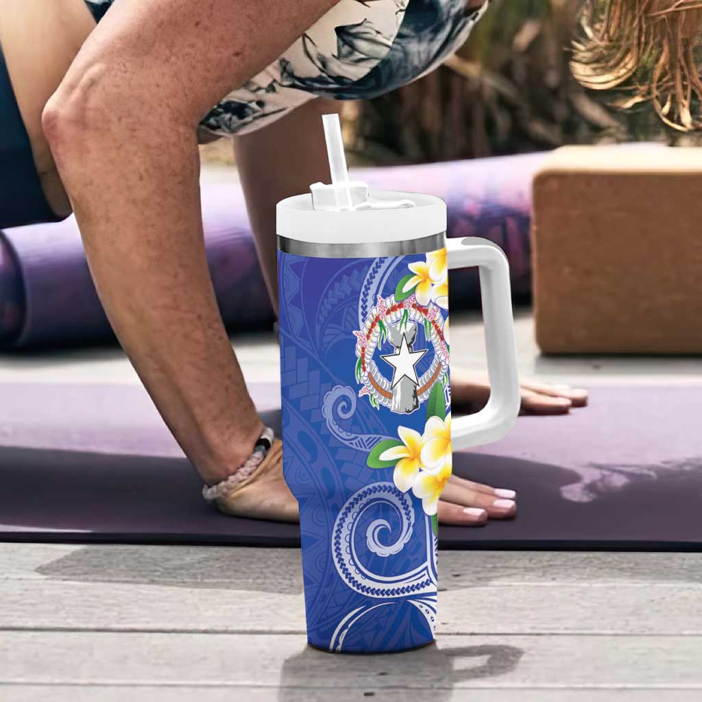 Northern Mariana Islands Chamorro Tumbler With Handle Plumeria Curves Style Navy Version LT05 - Polynesian Pride