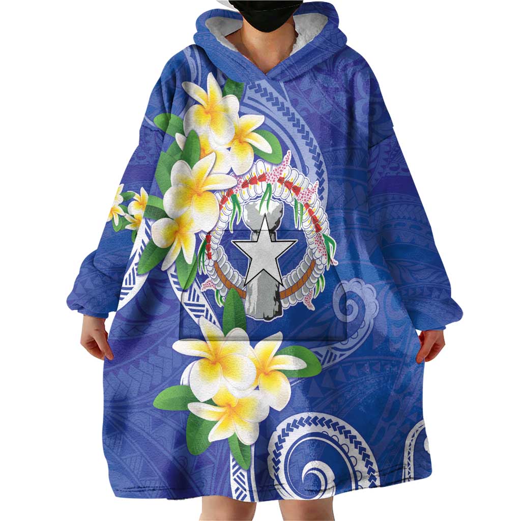 Northern Mariana Islands Chamorro Wearable Blanket Hoodie Plumeria Curves Style Navy Version LT05 - Polynesian Pride