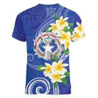 Northern Mariana Islands Chamorro Women V-Neck T-Shirt Plumeria Curves Style Navy Version LT05 - Polynesian Pride