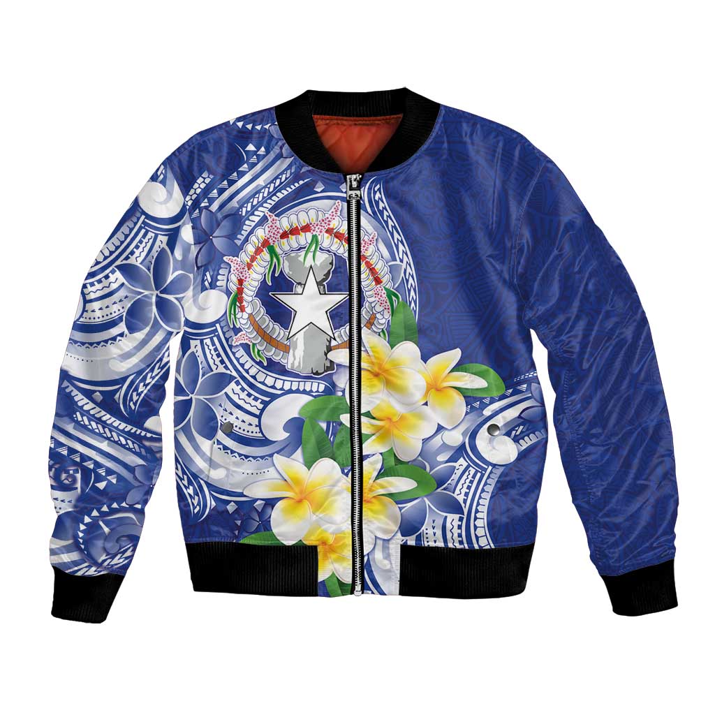 Northern Mariana Islands Bomber Jacket Polynesian Pattern With Frangipani LT05 Unisex Navy - Polynesian Pride