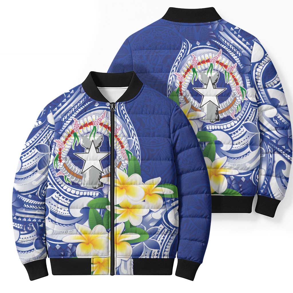Northern Mariana Islands Bomber Puffer Jacket Polynesian Pattern With Frangipani