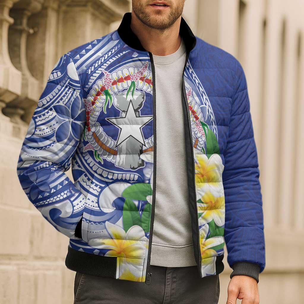 Northern Mariana Islands Bomber Puffer Jacket Polynesian Pattern With Frangipani
