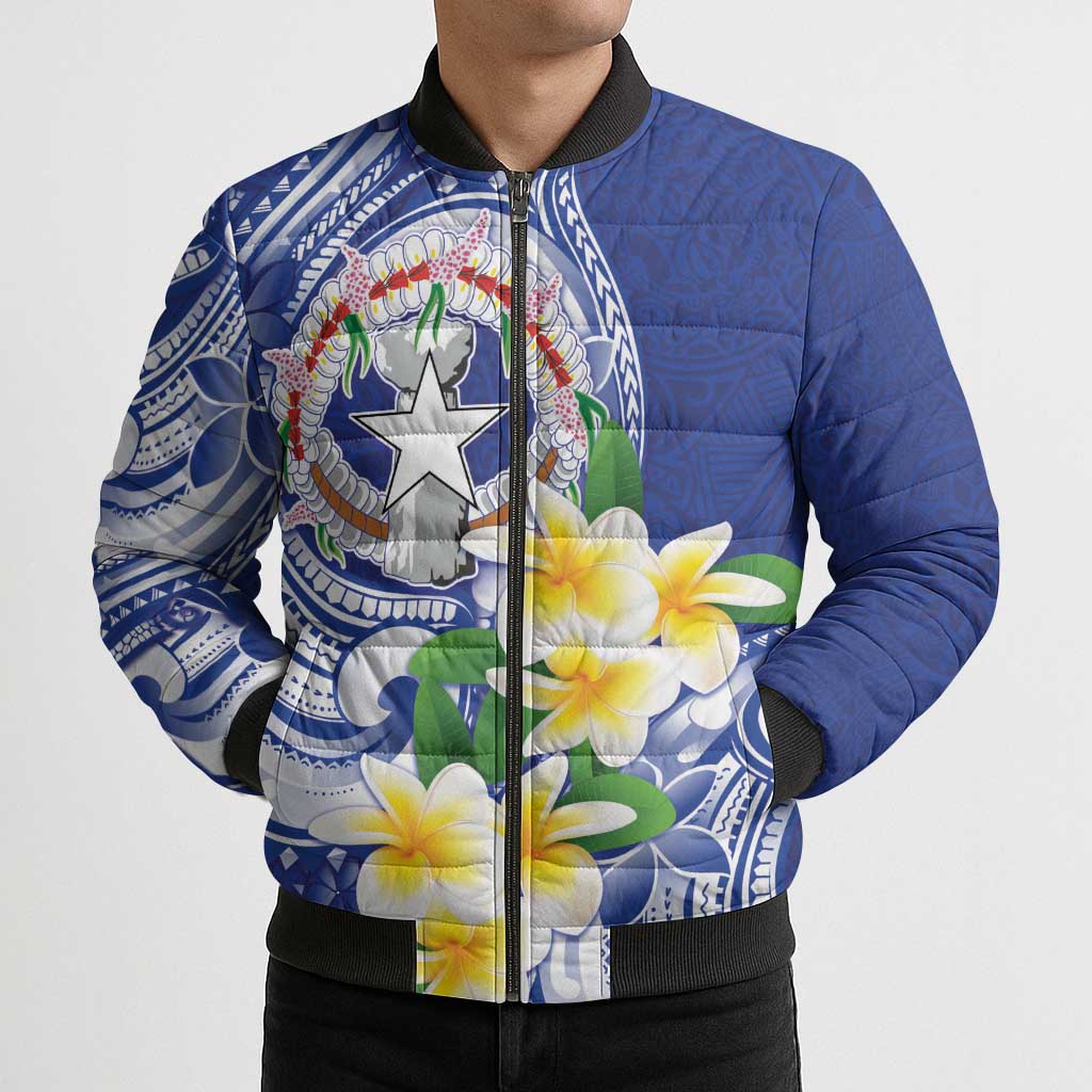Northern Mariana Islands Bomber Puffer Jacket Polynesian Pattern With Frangipani