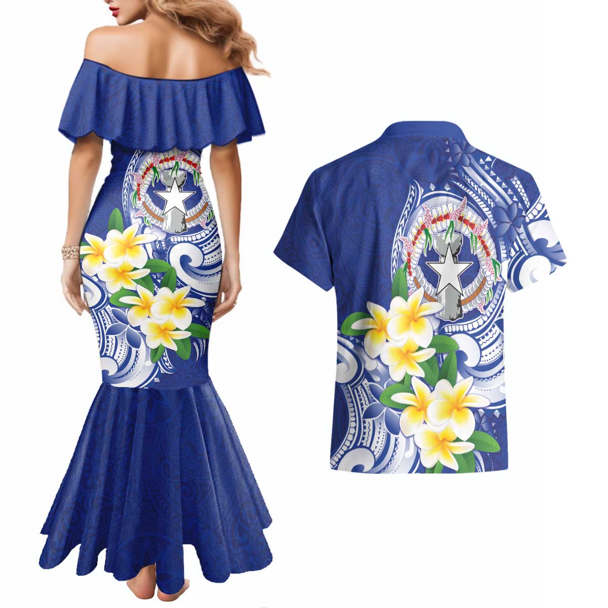 Northern Mariana Islands Couples Matching Mermaid Dress and Hawaiian Shirt Polynesian Pattern With Frangipani LT05 - Polynesian Pride