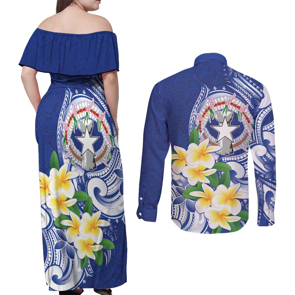 Northern Mariana Islands Couples Matching Off Shoulder Maxi Dress and Long Sleeve Button Shirt Polynesian Pattern With Frangipani LT05 - Polynesian Pride