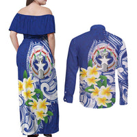 Northern Mariana Islands Couples Matching Off Shoulder Maxi Dress and Long Sleeve Button Shirt Polynesian Pattern With Frangipani LT05 - Polynesian Pride