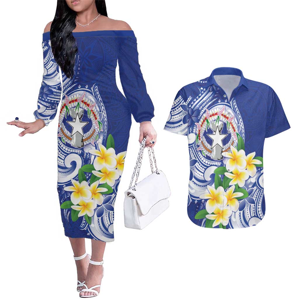 Northern Mariana Islands Couples Matching Off The Shoulder Long Sleeve Dress and Hawaiian Shirt Polynesian Pattern With Frangipani