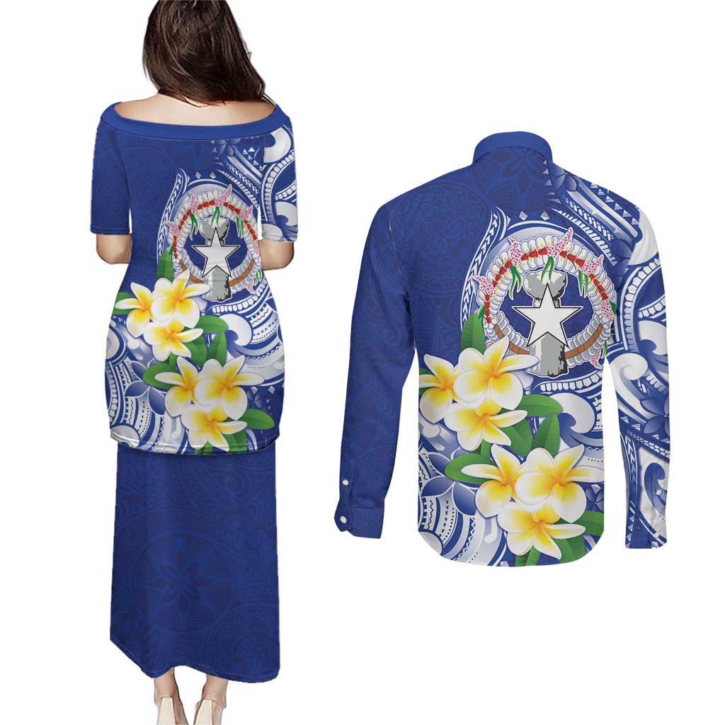 Northern Mariana Islands Couples Matching Puletasi and Long Sleeve Button Shirt Polynesian Pattern With Frangipani