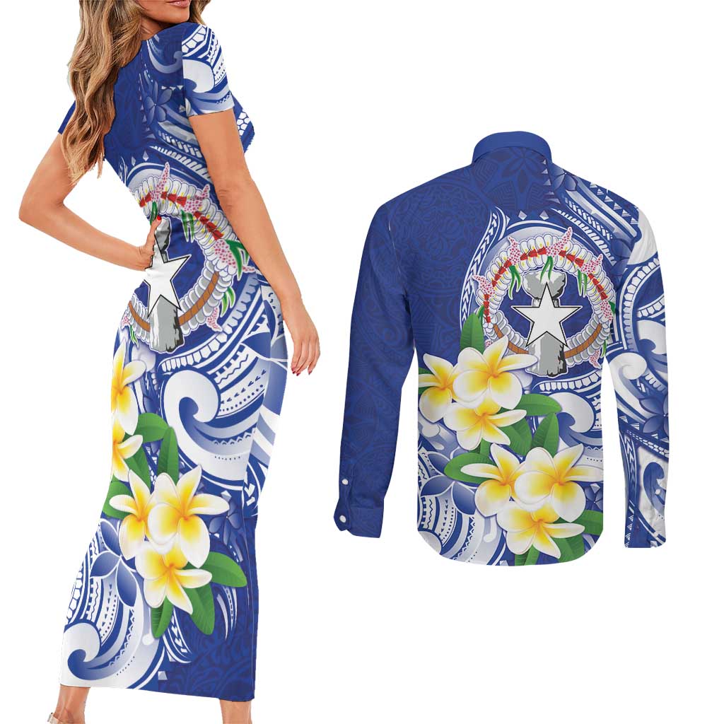 Northern Mariana Islands Couples Matching Short Sleeve Bodycon Dress and Long Sleeve Button Shirt Polynesian Pattern With Frangipani