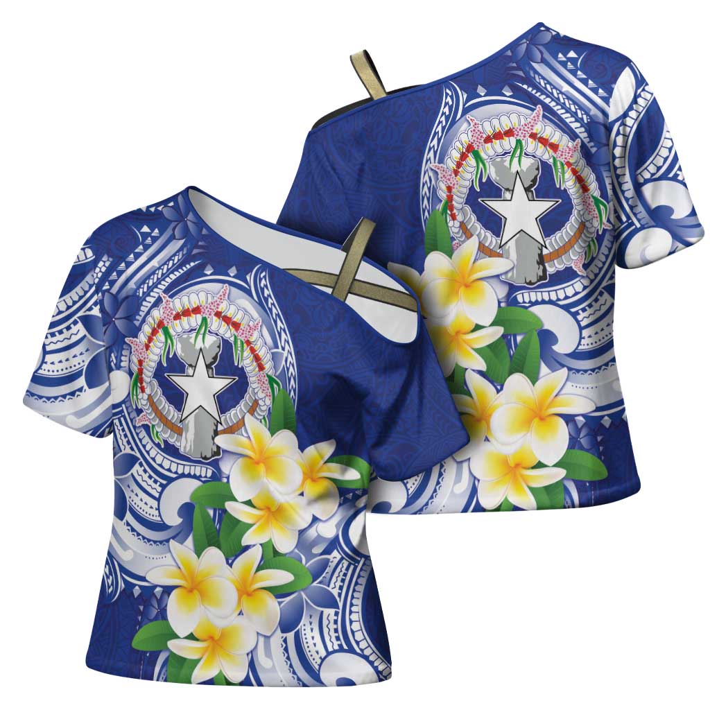 Northern Mariana Islands Cross Shoulder Shirt Polynesian Pattern With Frangipani LT05 - Polynesian Pride