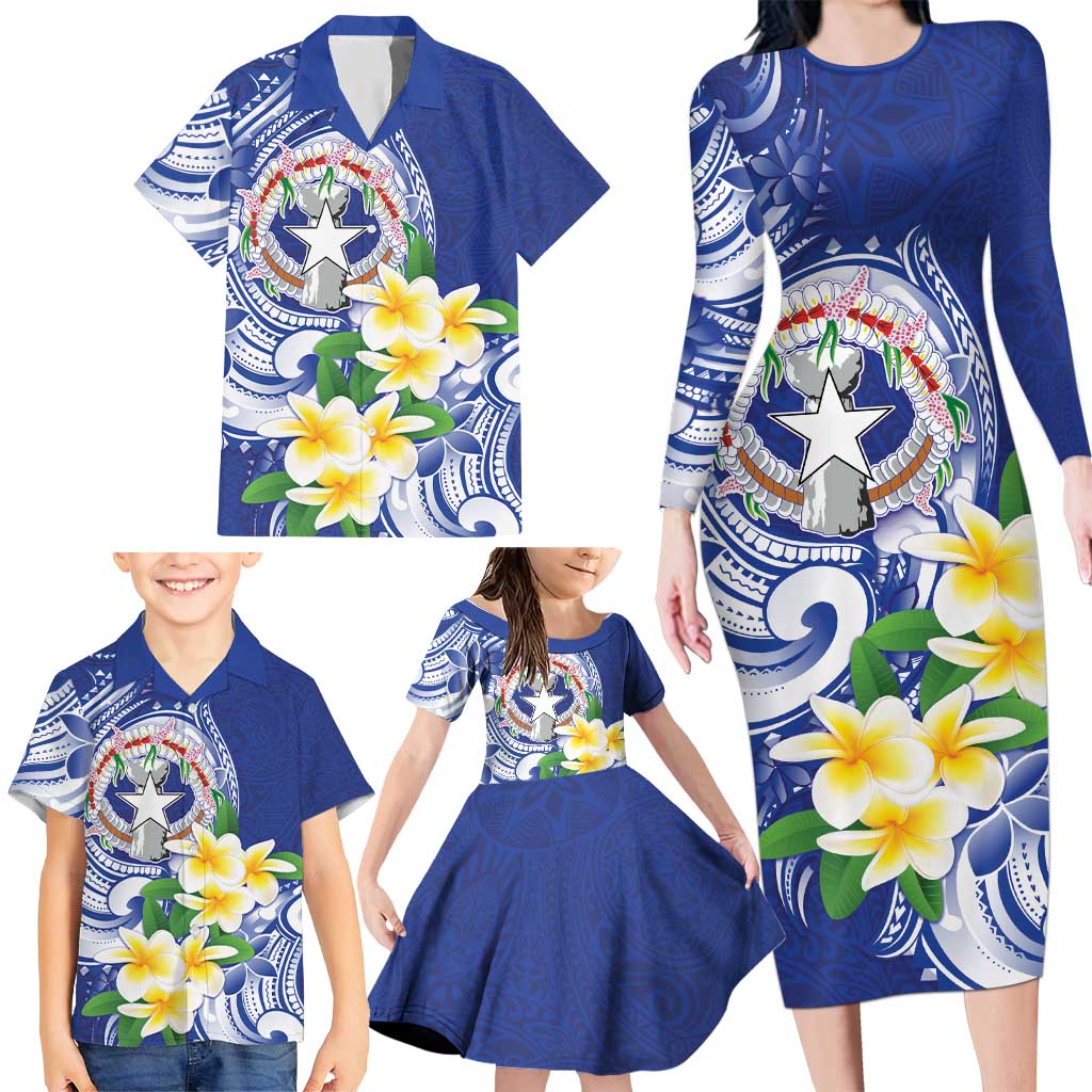Northern Mariana Islands Family Matching Long Sleeve Bodycon Dress and Hawaiian Shirt Polynesian Pattern With Frangipani