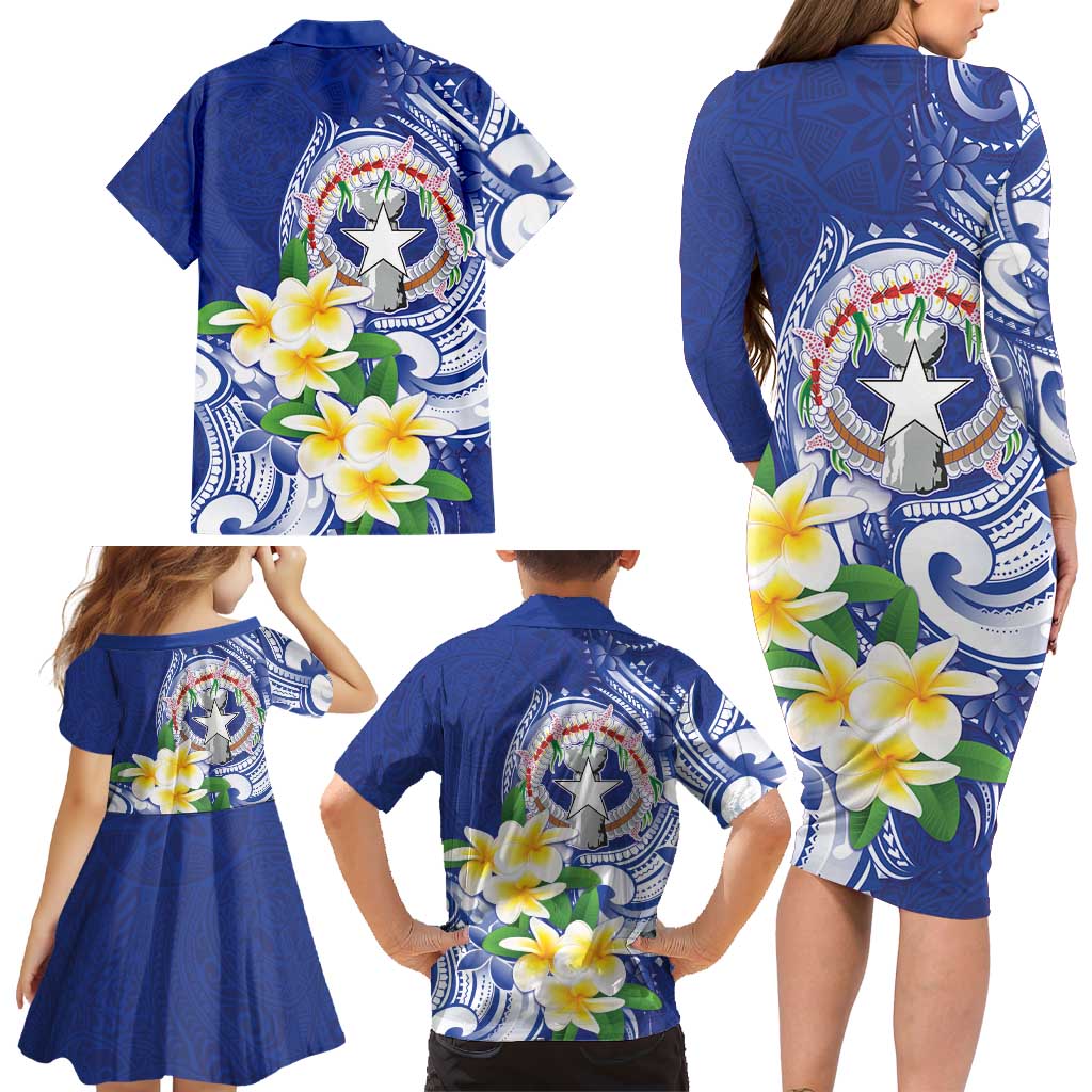 Northern Mariana Islands Family Matching Long Sleeve Bodycon Dress and Hawaiian Shirt Polynesian Pattern With Frangipani