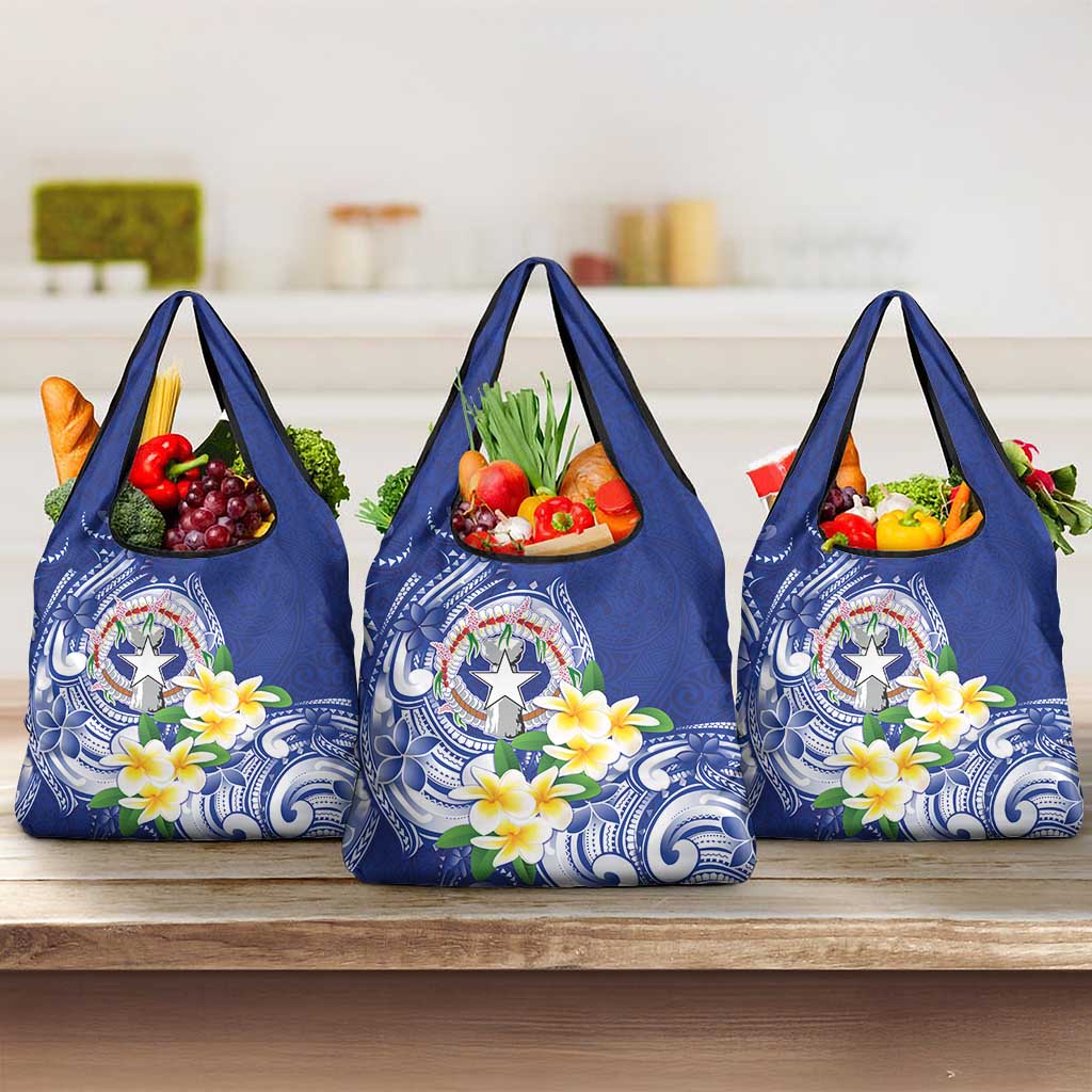 Northern Mariana Islands Grocery Bag Polynesian Pattern With Frangipani LT05 3-pack One Size Navy - Polynesian Pride