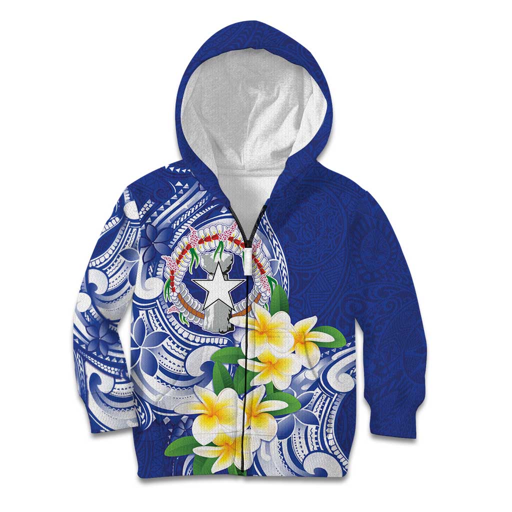 Northern Mariana Islands Kid Hoodie Polynesian Pattern With Frangipani LT05 Zip Hoodie Navy - Polynesian Pride