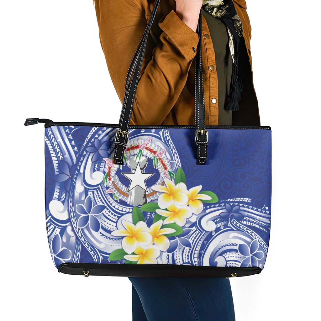 Northern Mariana Islands Leather Tote Bag Polynesian Pattern With Frangipani LT05 - Polynesian Pride