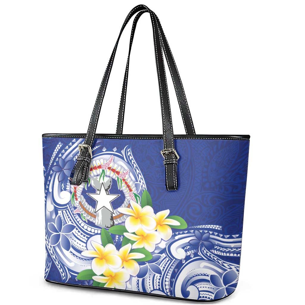 Northern Mariana Islands Leather Tote Bag Polynesian Pattern With Frangipani LT05 - Polynesian Pride