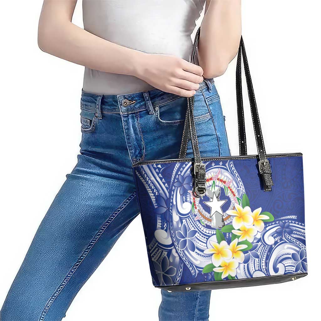 Northern Mariana Islands Leather Tote Bag Polynesian Pattern With Frangipani LT05 - Polynesian Pride