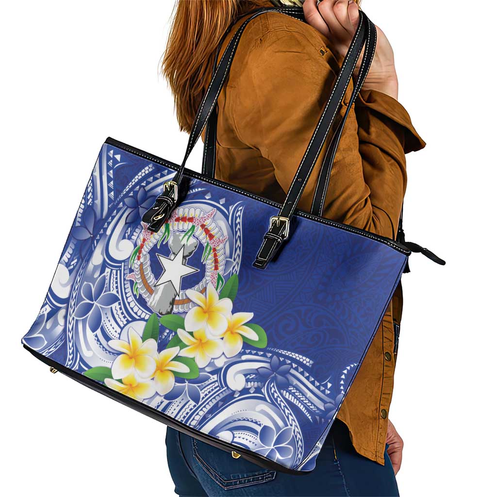 Northern Mariana Islands Leather Tote Bag Polynesian Pattern With Frangipani LT05 - Polynesian Pride