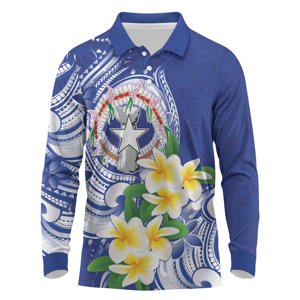 Northern Mariana Islands Long Sleeve Polo Shirt Polynesian Pattern With Frangipani LT05 Navy - Polynesian Pride