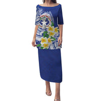 Northern Mariana Islands Puletasi Polynesian Pattern With Frangipani LT05 Long Dress Navy - Polynesian Pride