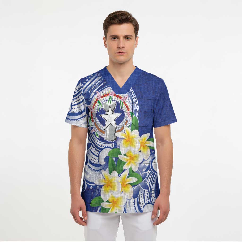 Northern Mariana Islands Scrub Top Polynesian Pattern With Frangipani LT05 - Polynesian Pride