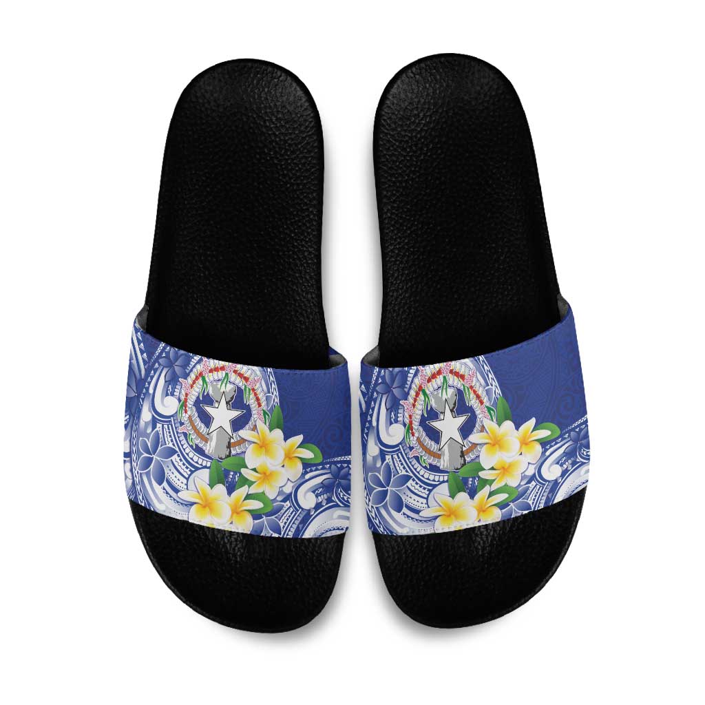 Northern Mariana Islands Slide Sandals Polynesian Pattern With Frangipani