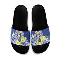 Northern Mariana Islands Slide Sandals Polynesian Pattern With Frangipani LT05 Navy - Polynesian Pride