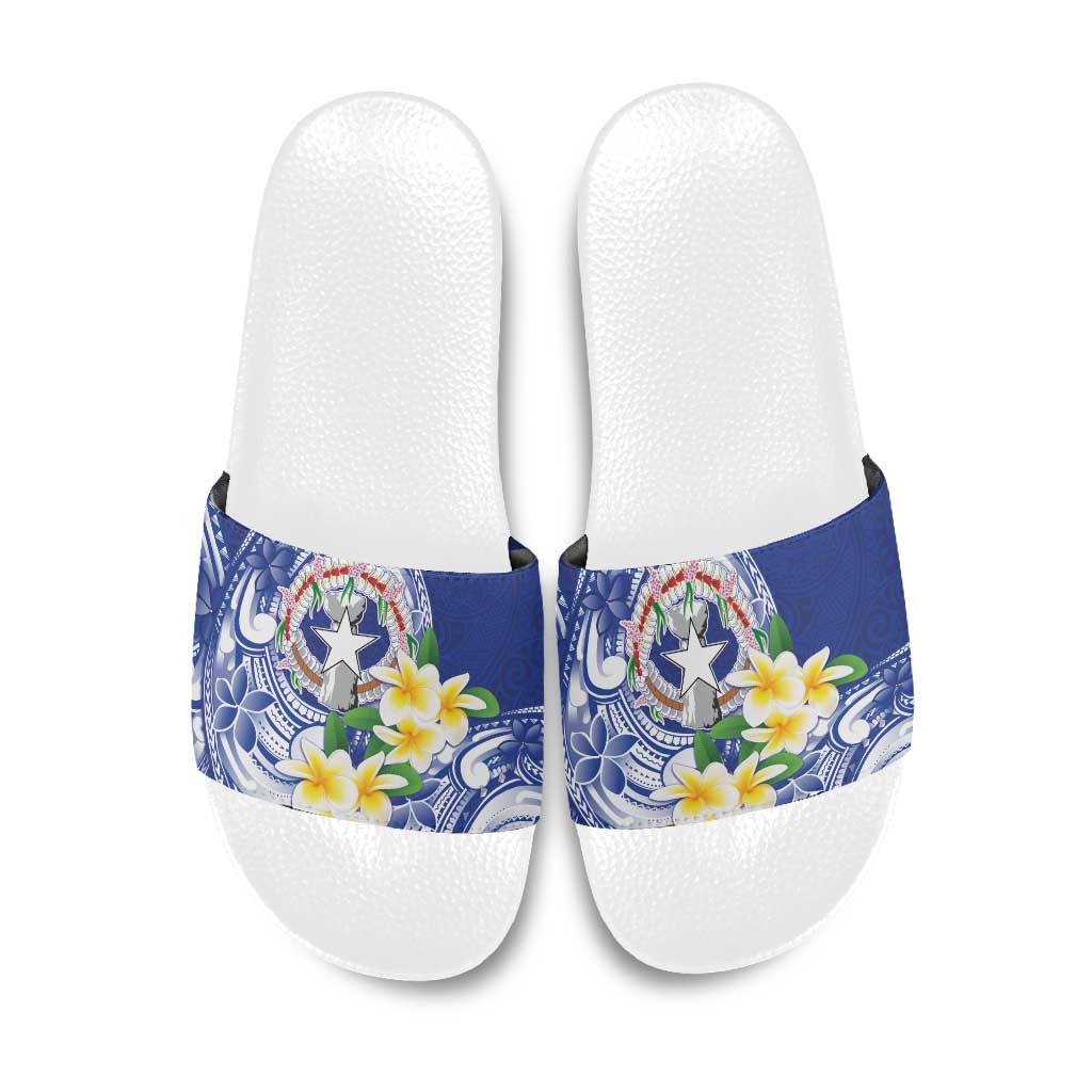 Northern Mariana Islands Slide Sandals Polynesian Pattern With Frangipani LT05 Navy - Polynesian Pride