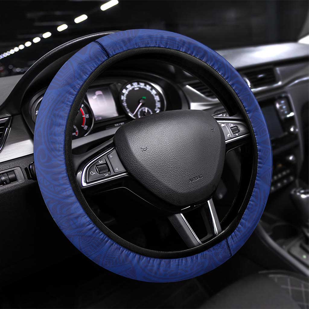 Northern Mariana Islands Steering Wheel Cover Polynesian Pattern With Frangipani LT05 Universal Fit Navy - Polynesian Pride