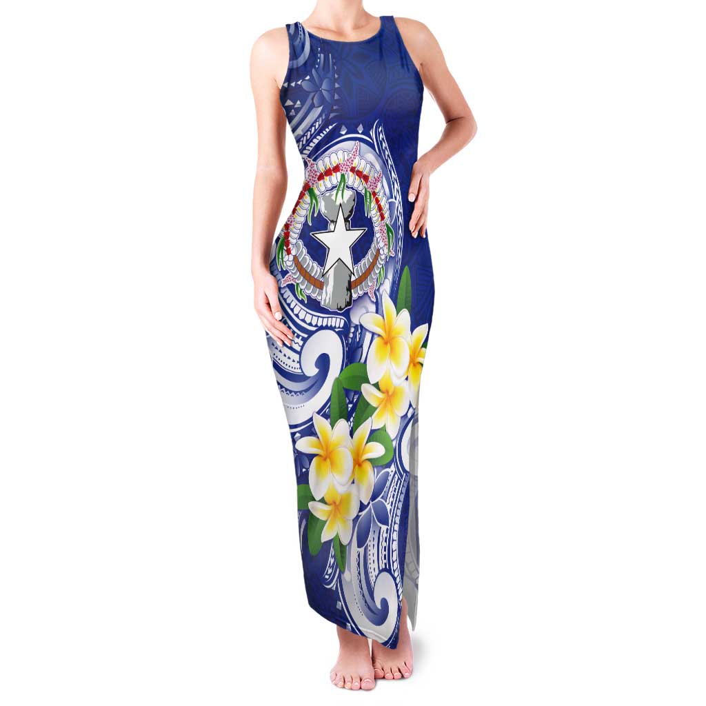 Northern Mariana Islands Tank Maxi Dress Polynesian Pattern With Frangipani LT05 Women Navy - Polynesian Pride