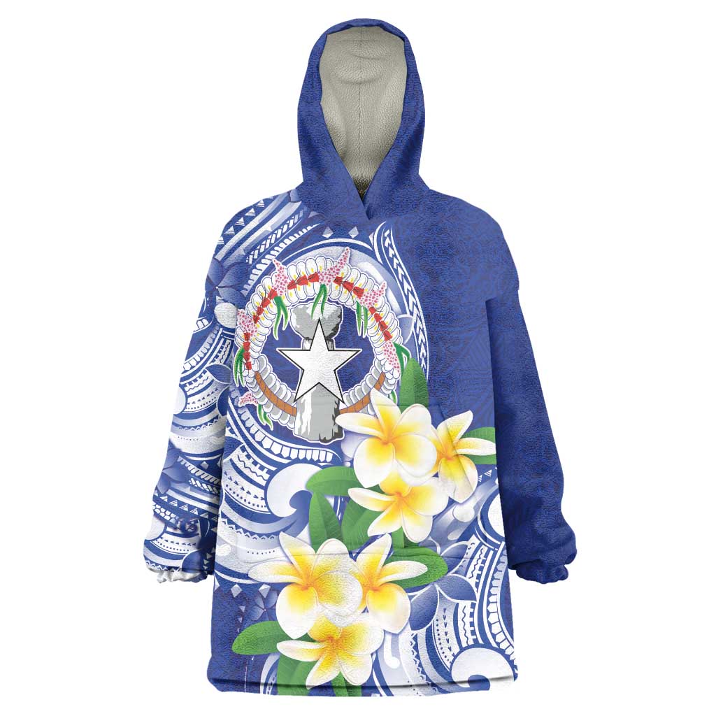 Northern Mariana Islands Wearable Blanket Hoodie Polynesian Pattern With Frangipani LT05 One Size Navy - Polynesian Pride