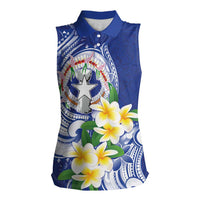 Northern Mariana Islands Women Sleeveless Polo Shirt Polynesian Pattern With Frangipani LT05 Female Navy - Polynesian Pride
