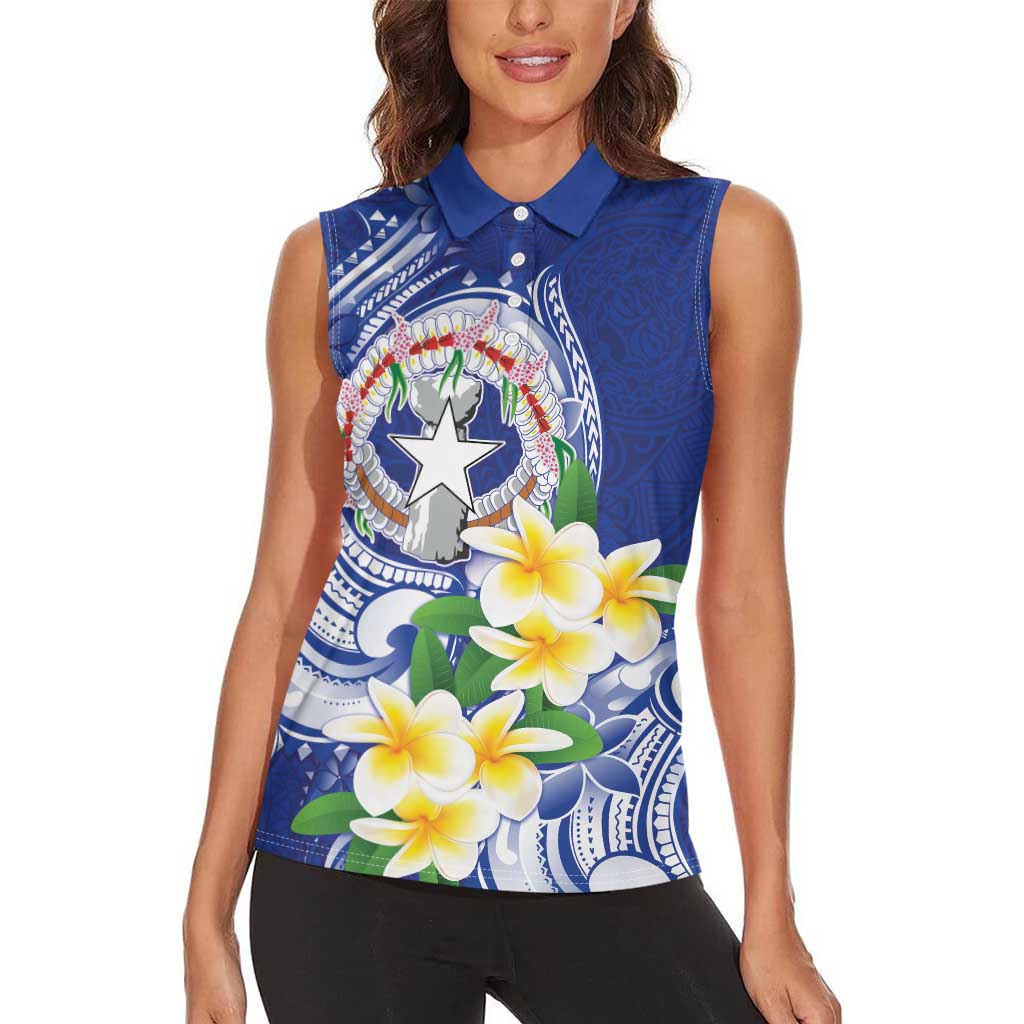 Northern Mariana Islands Women Sleeveless Polo Shirt Polynesian Pattern With Frangipani LT05 - Polynesian Pride